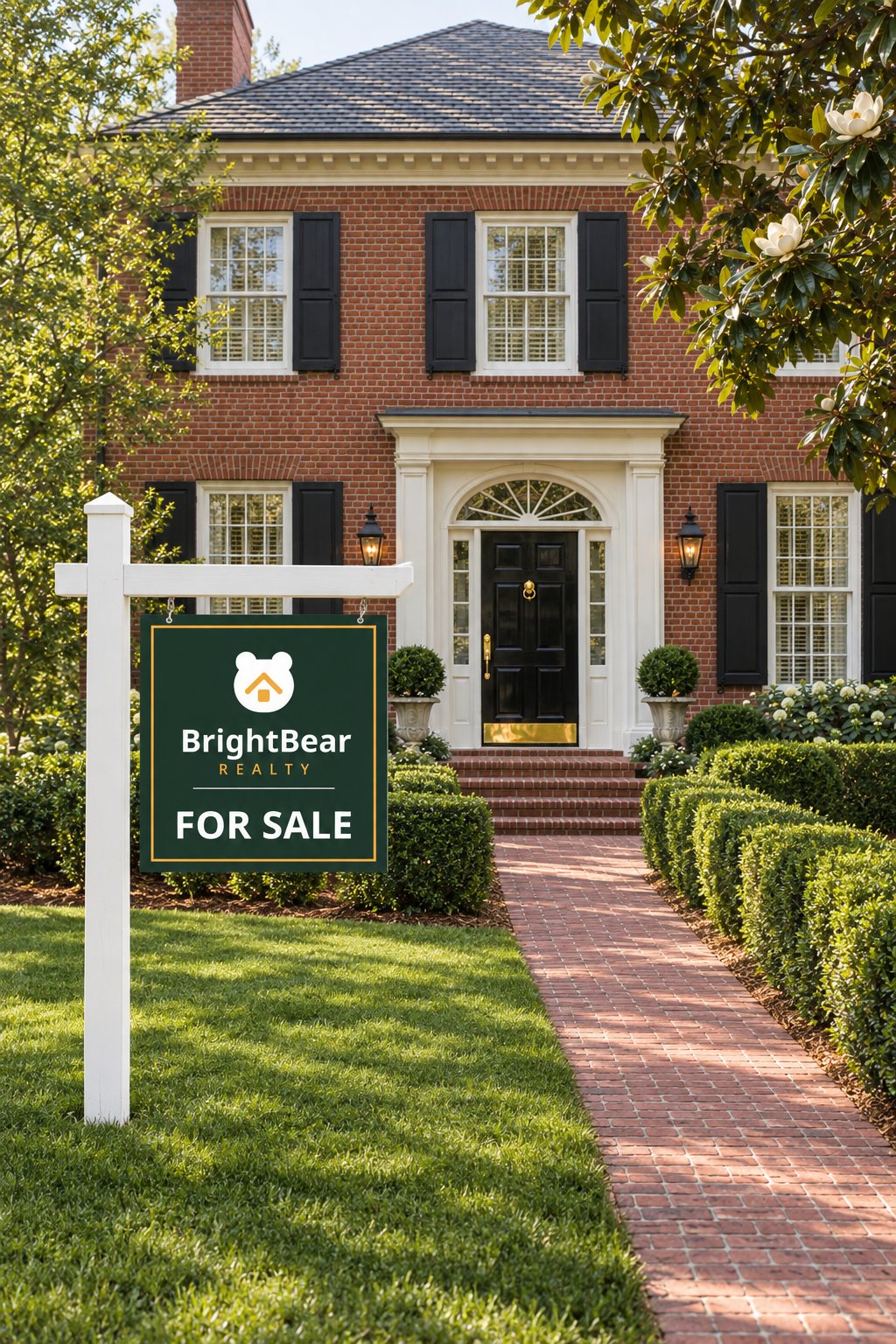 Red-brick Georgia home with a BrightBear Realty For Sale sign