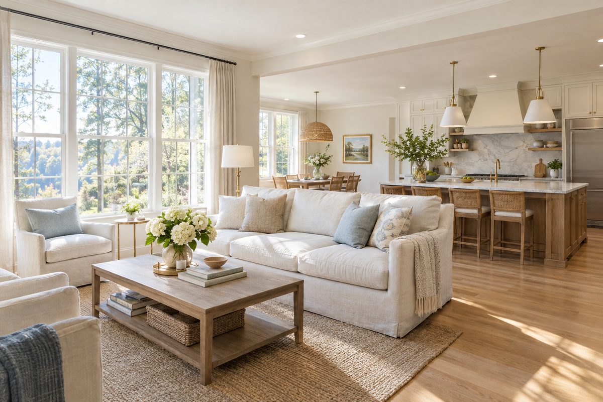 Bright staged living room and kitchen